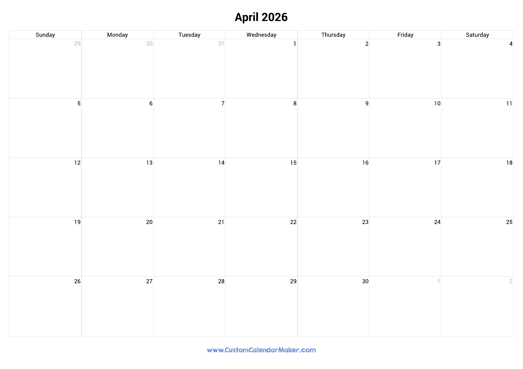 April 2026 Landscape Calendar With Large Boxes Custom Calendar Maker April 2026 Landscape Calendar With Large Boxes Custom Calendar Maker