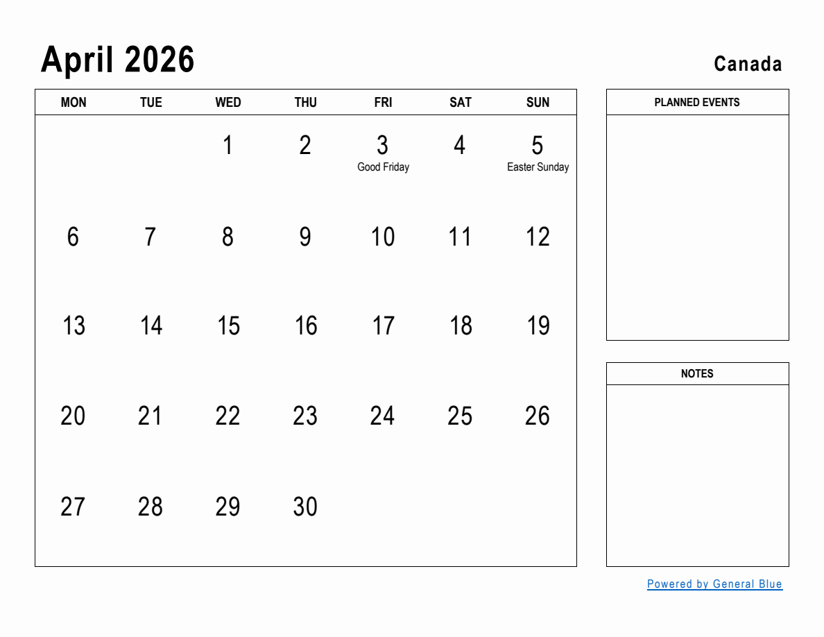 April 2026 Planner With Canada Holidays Monday Start April 2026 Planner With Canada Holidays Monday Start