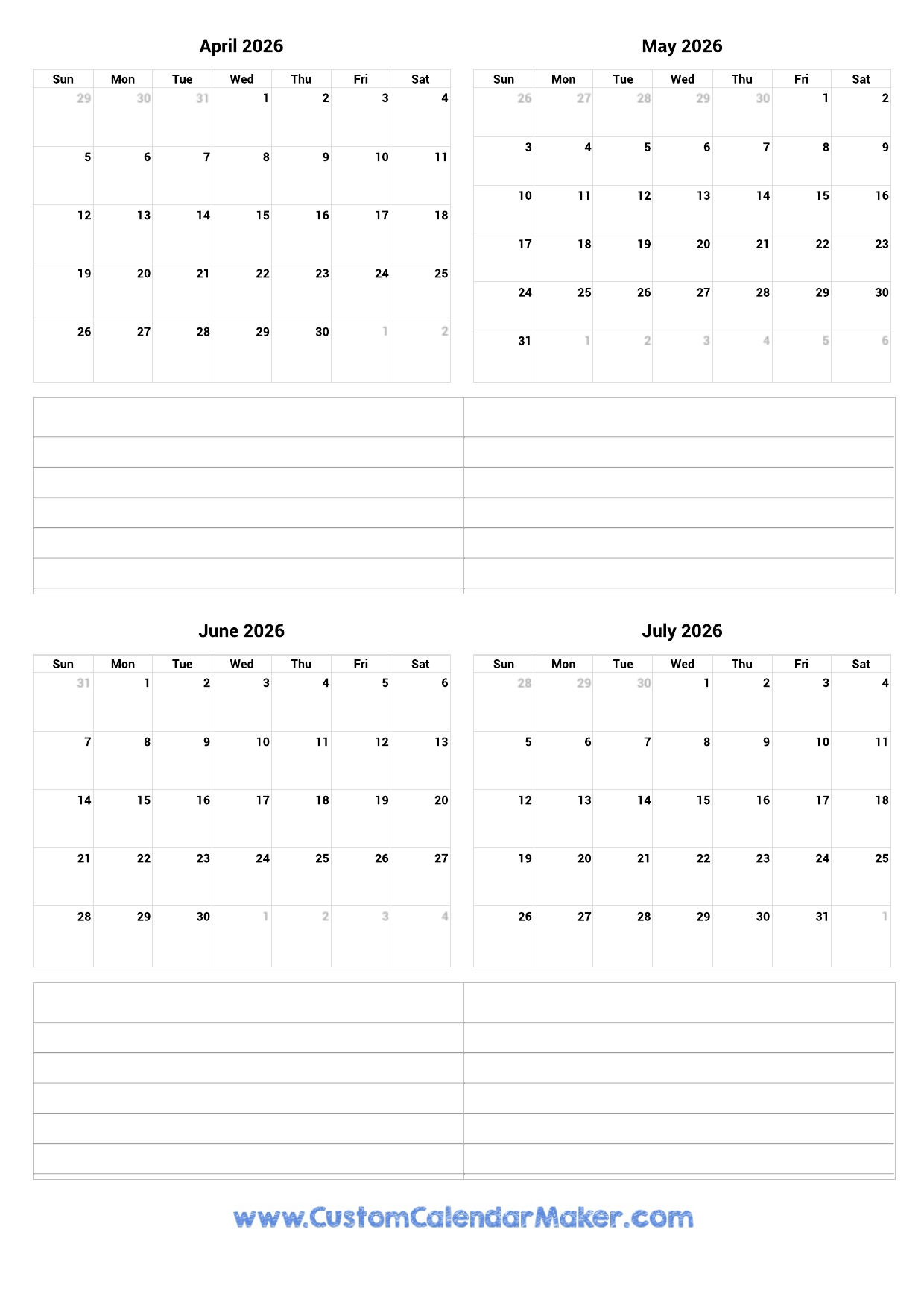April To July 2026 Printable Calendar Custom Calendar Maker April To July 2026 Printable Calendar Custom Calendar Maker