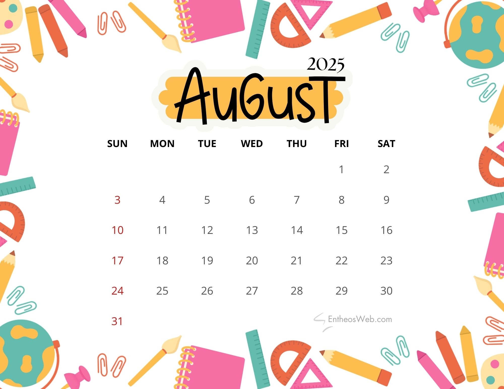 Blank August Calendar 2026 Printable