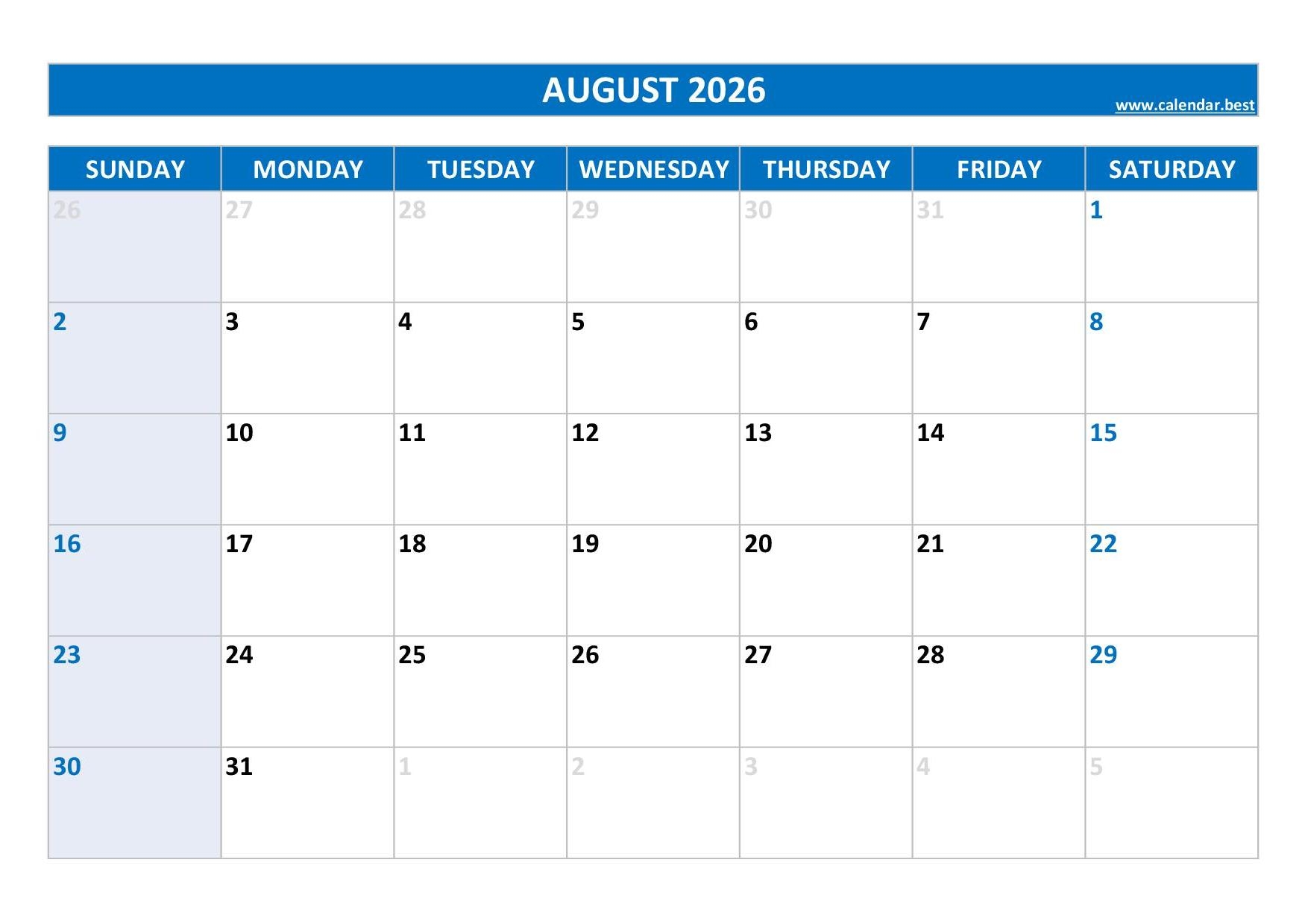Blank Calendar August 2026