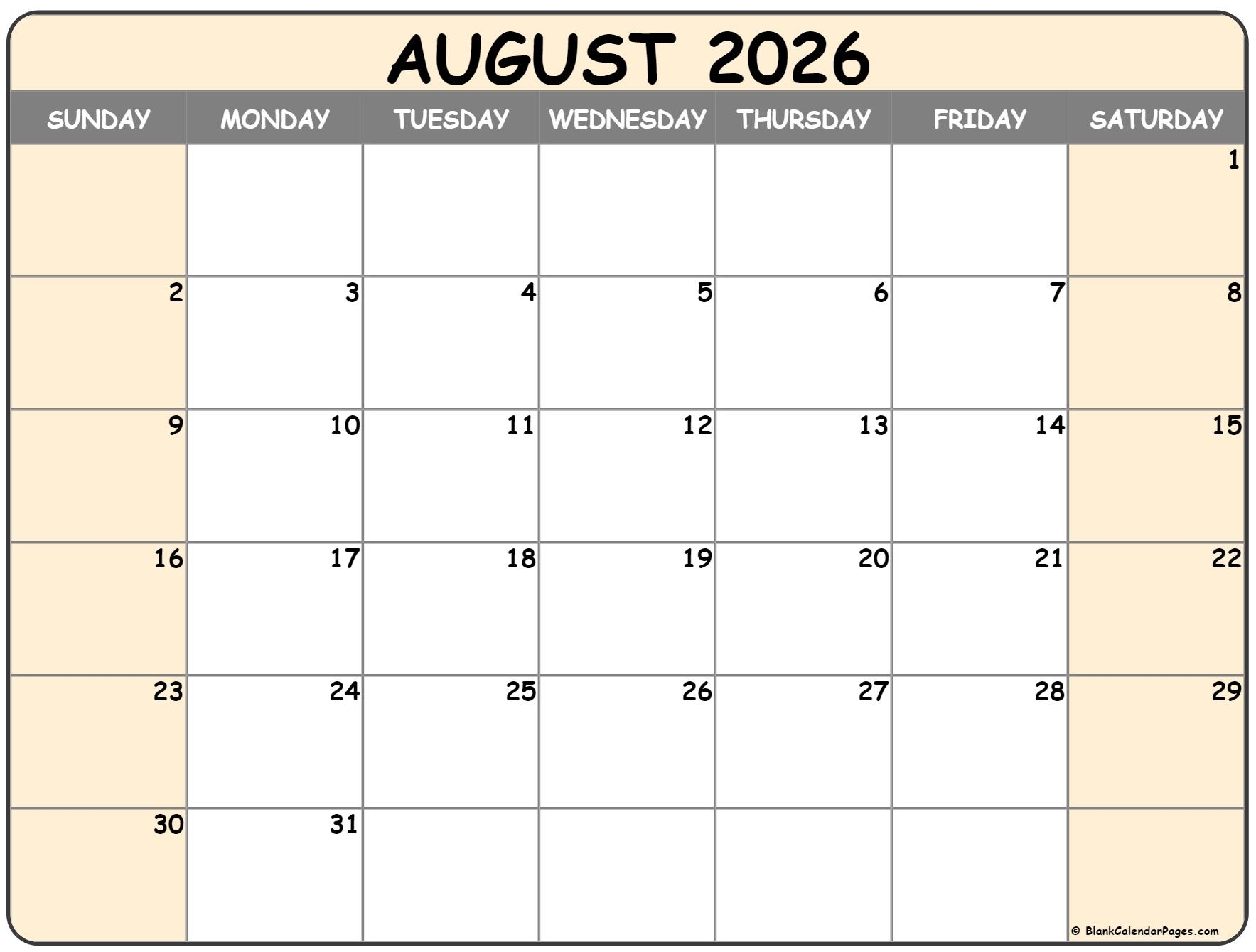 August 2026 Calendar Free Printable Calendars August 2026 Calendar Free Printable Calendars