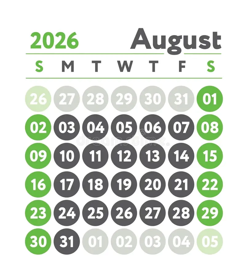 August 2026 Calendar New Year Planner Design English Calender Green Color Vector Template Week Starts On Sunday Stock Illustration Illustration Of Planning Round 369422752