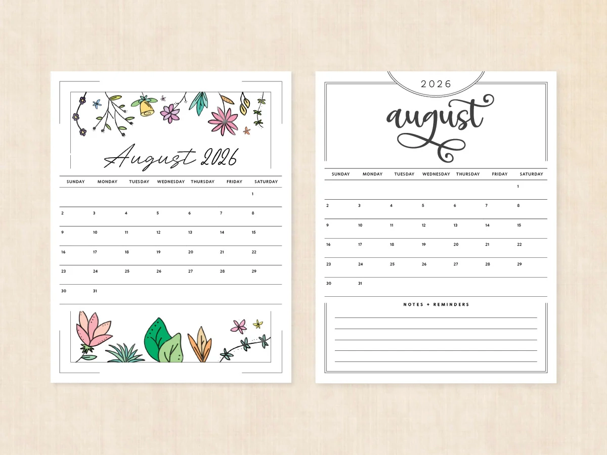 Blank August 2026 Calendar Printable Pdf