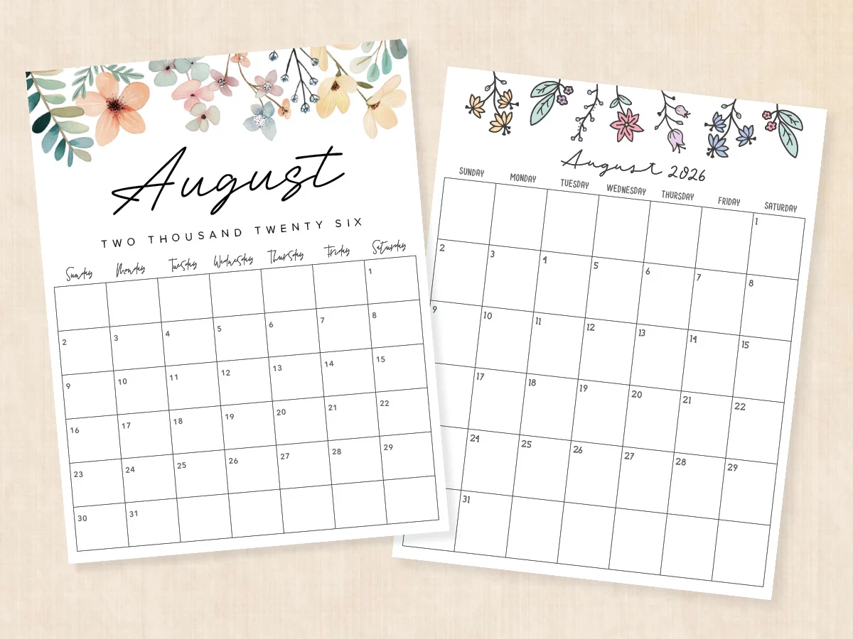 August 2026 Calendar Printable PDF Templates