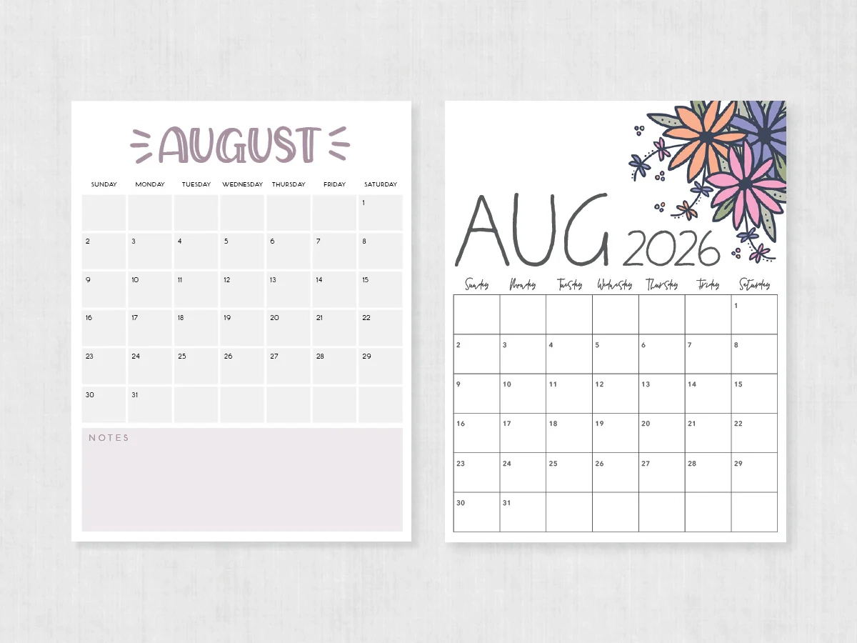 Blank Calendar August 2026 Printable Pdf
