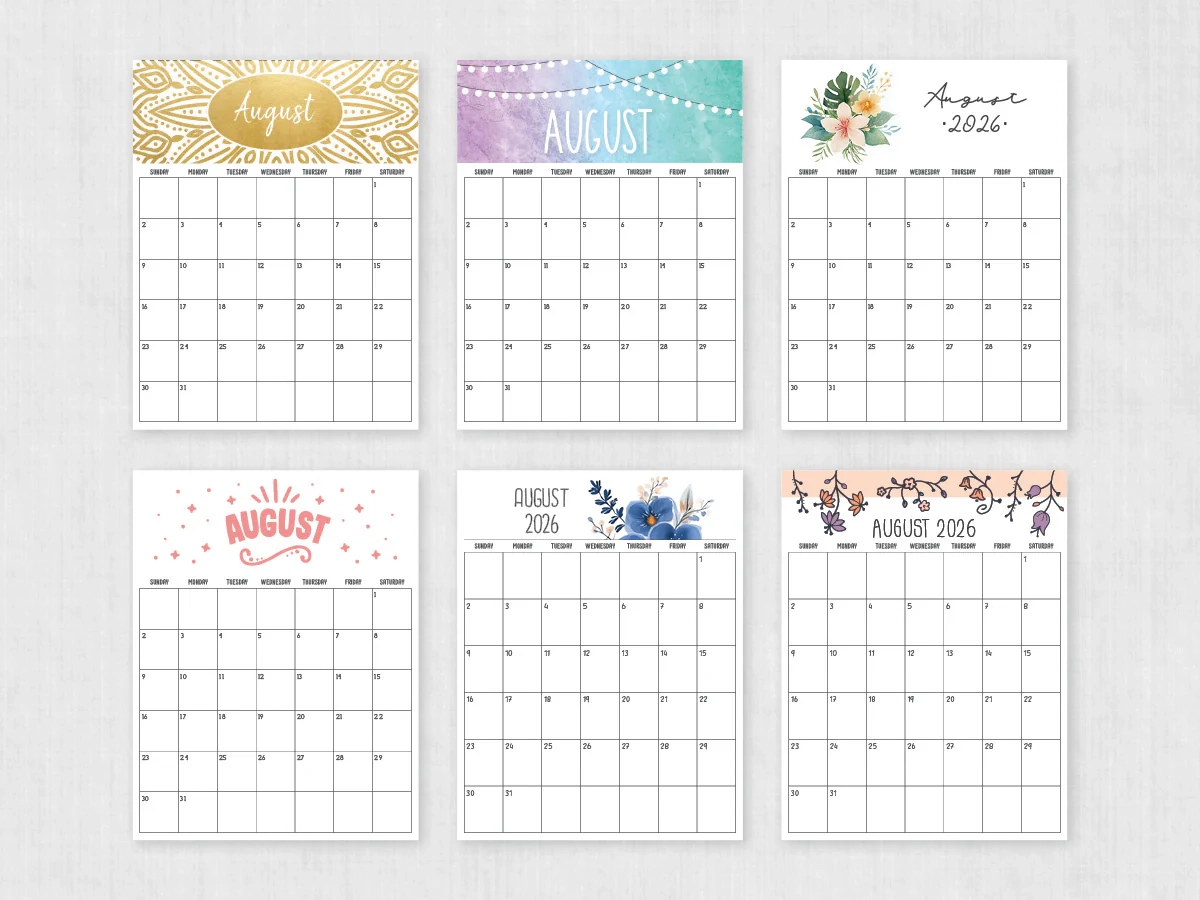 August 2026 Calendar Printable PDF Templates
