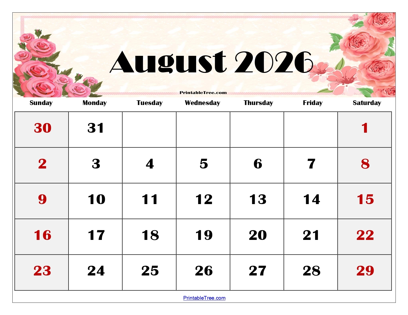 August Free Printable Calendar 2026 Template