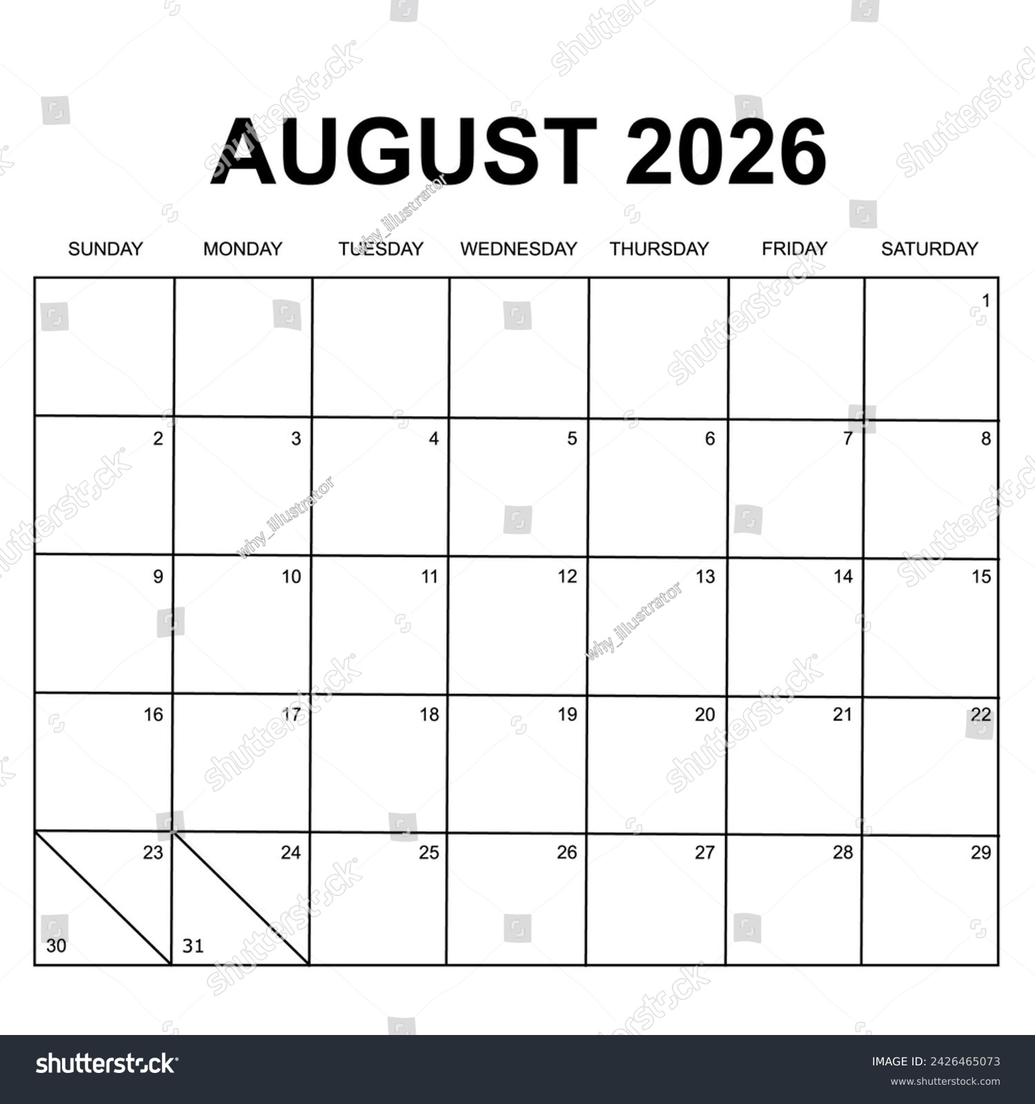 August 2026 Calendar Printable Simple Clean Stock Vector Royalty Free 2426465073 Shutterstock