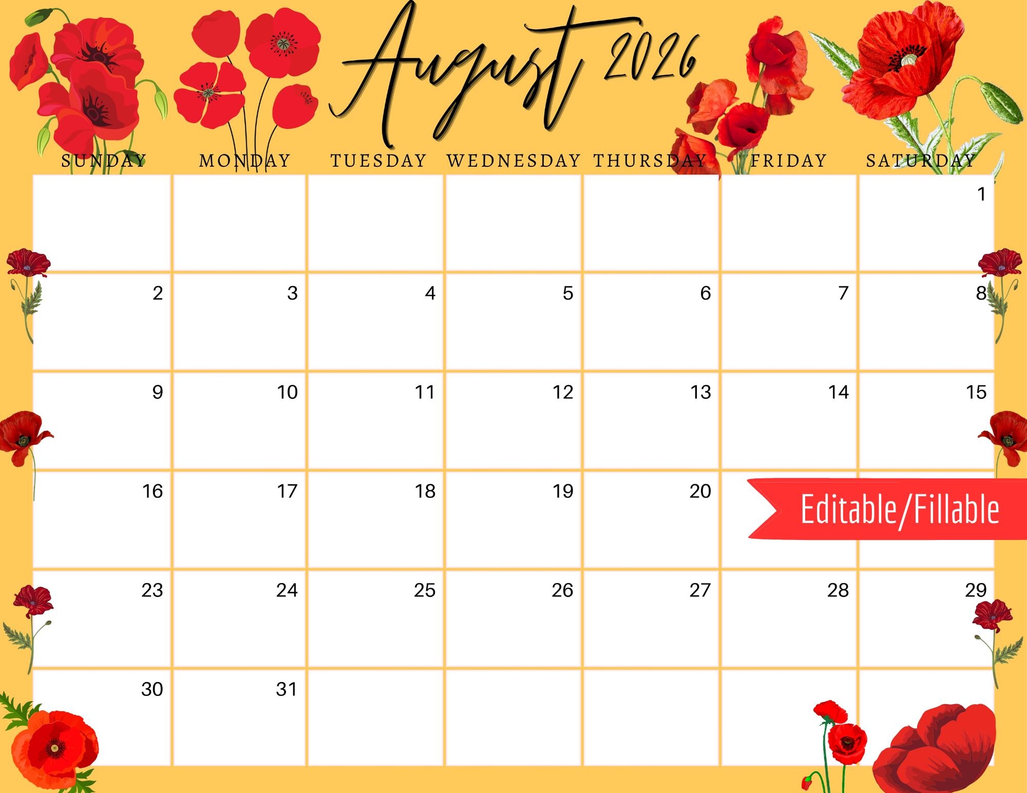 August 2026 Calendar Red Poppy Flowers Editable Planner PDF PNG JPG Download Etsy