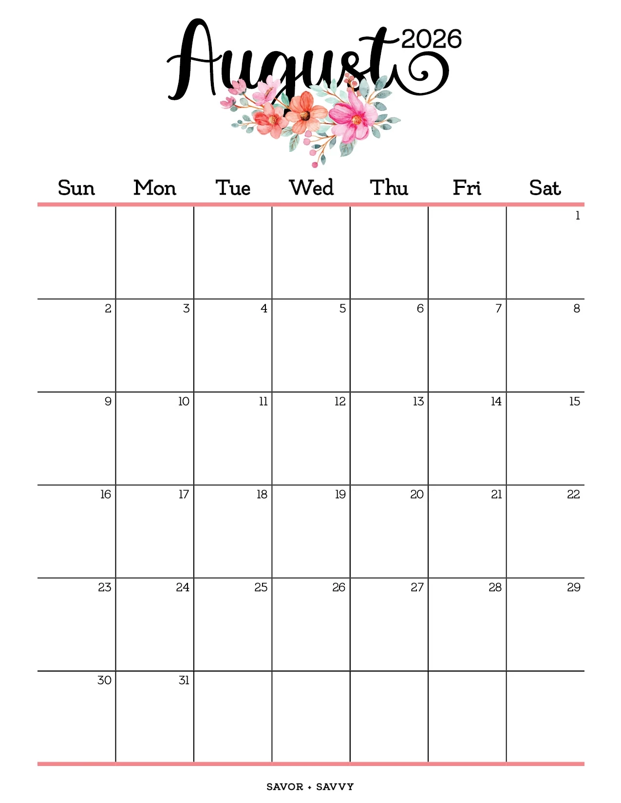 August 2026 Calendar Templates 14 Free Printables Savor Savvy August 2026 Calendar Templates 14 Free Printables Savor Savvy