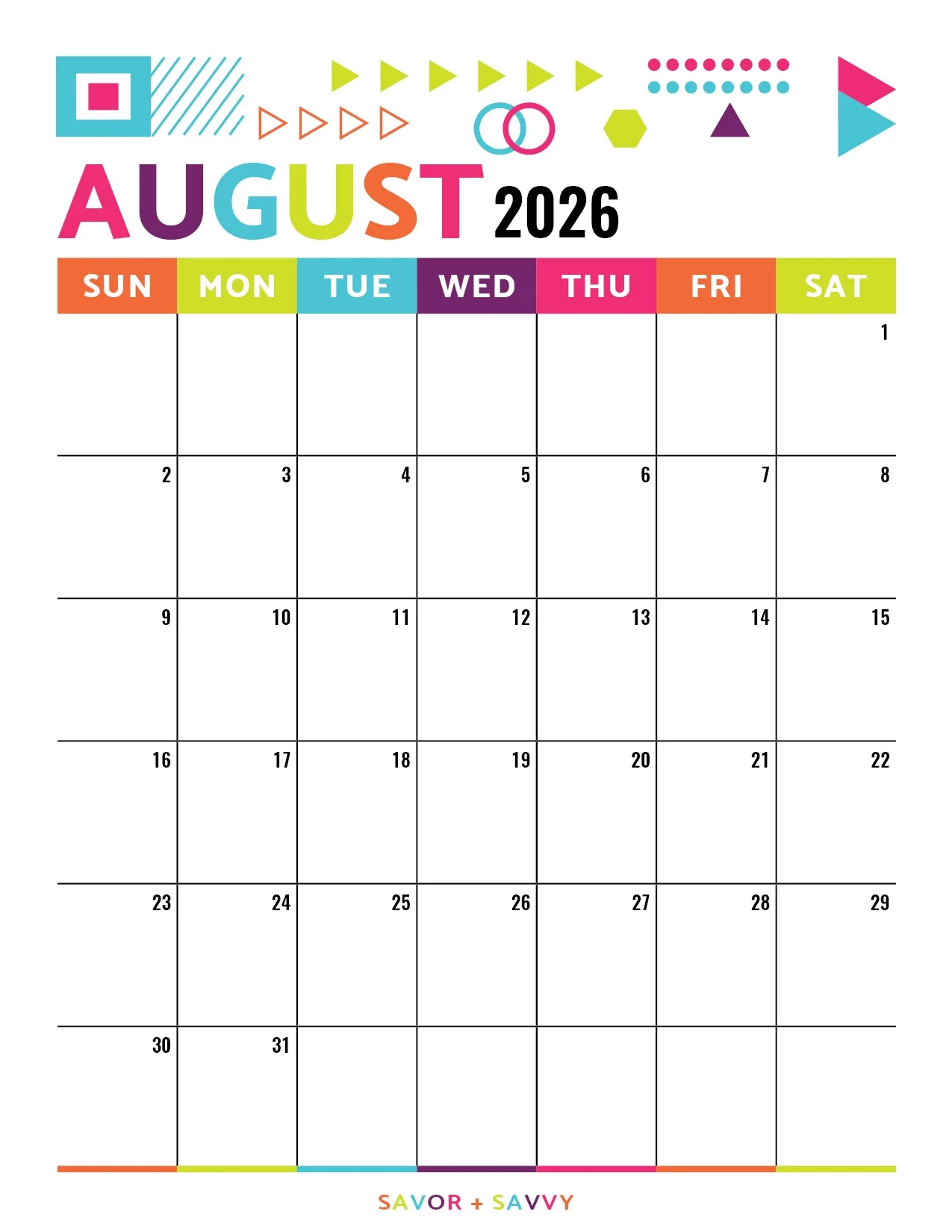 August 2026 Calendar Templates 14 Free Printables Savor Savvy