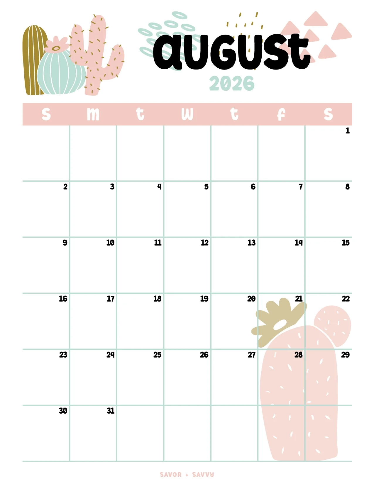 August 2026 Calendar Templates 14 Free Printables Savor Savvy