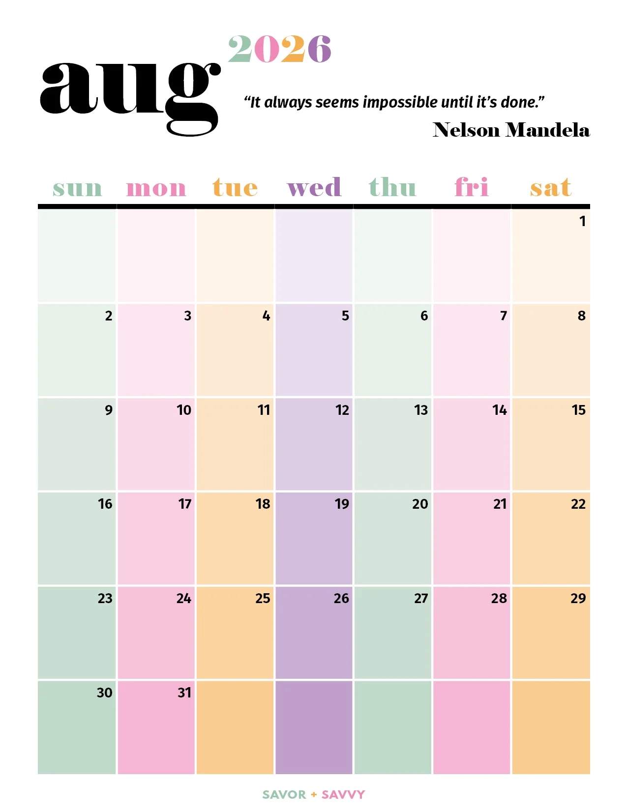 August 2026 Calendar Templates 14 Free Printables Savor Savvy