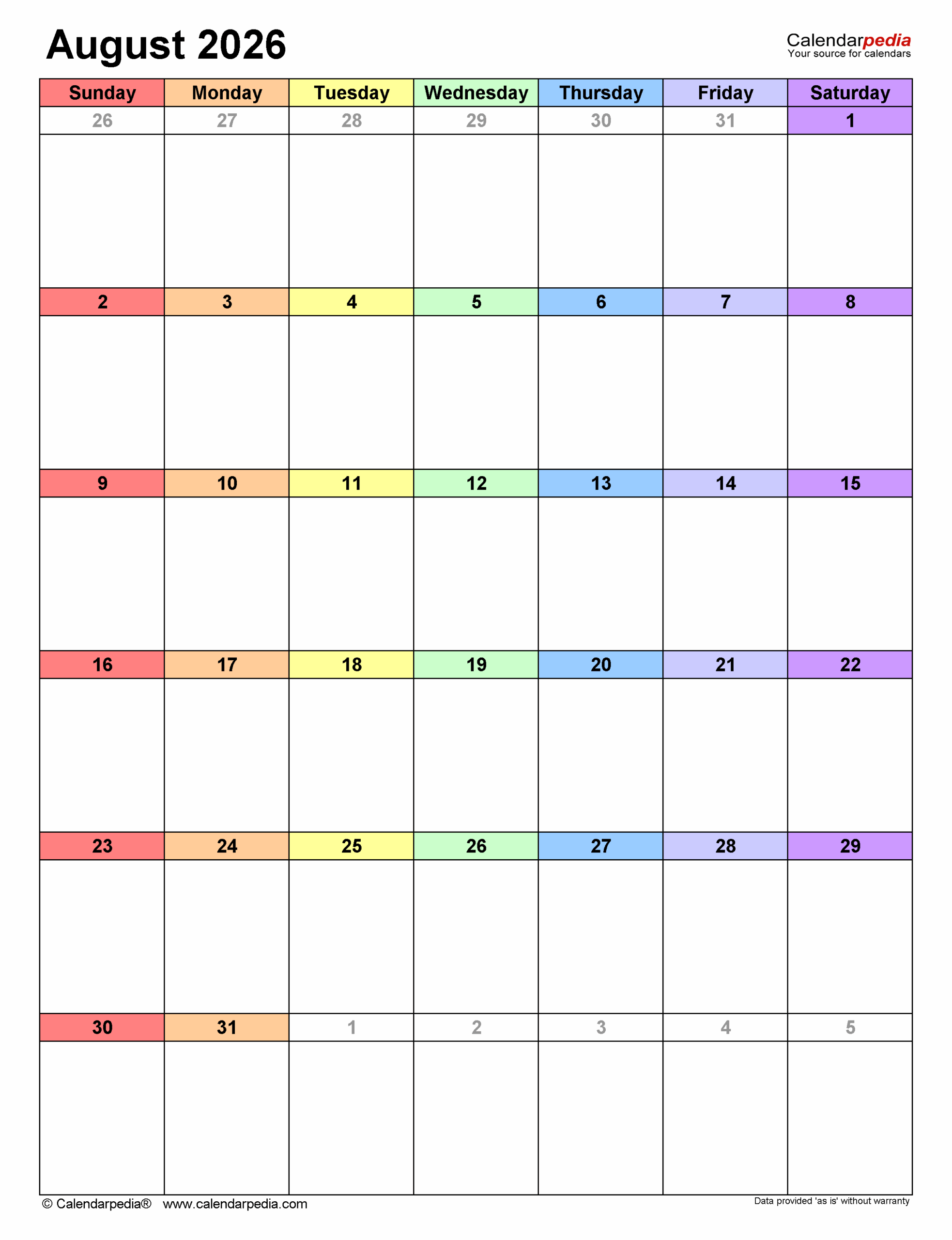 August 2026 Calendar Templates For PDF Excel And Word August 2026 Calendar Templates For PDF Excel And Word