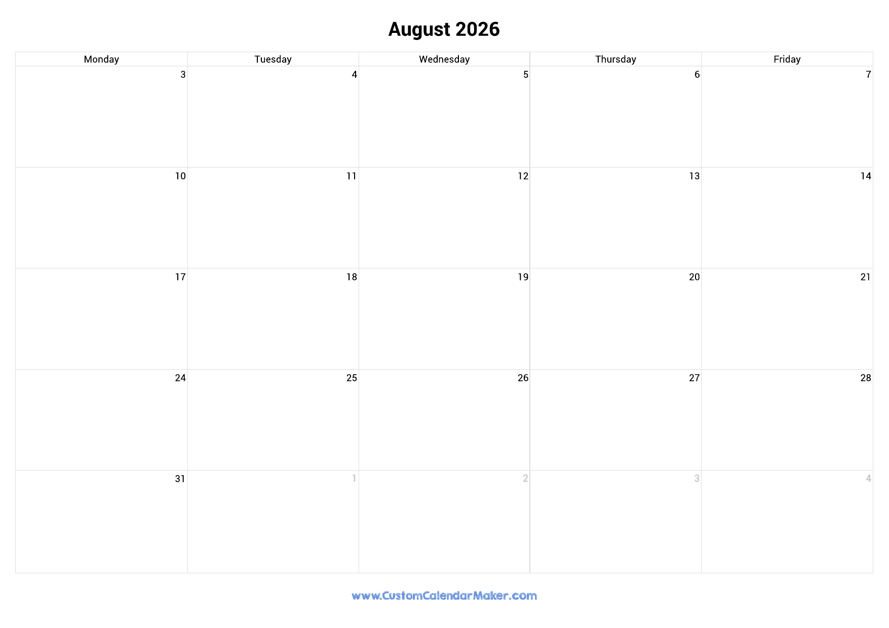 August 2026 Calendar Weekdays Only Monday To Friday Custom Calendar Maker