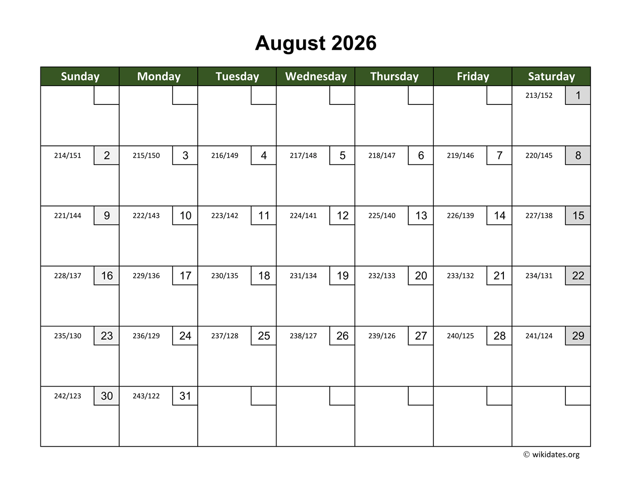 Blank August Calendar 2026