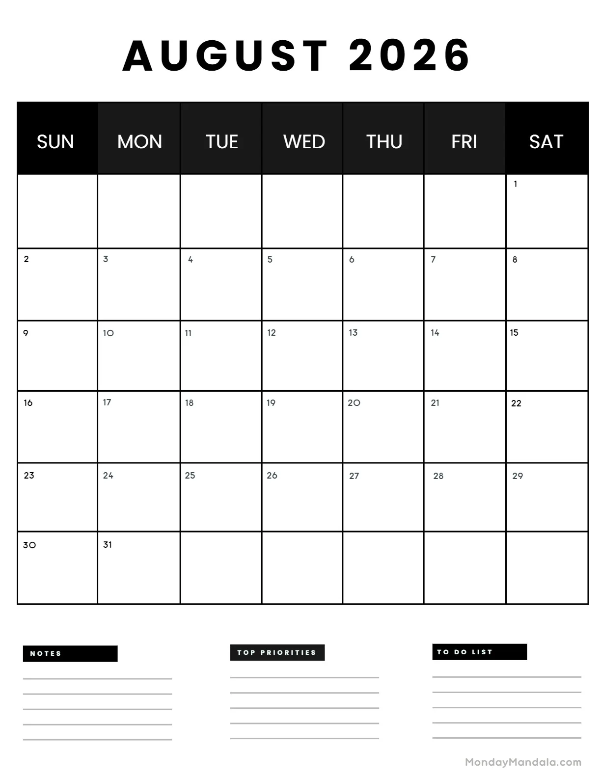 August 2026 Calendars 52 Free PDF Printables August 2026 Calendars 52 Free PDF Printables