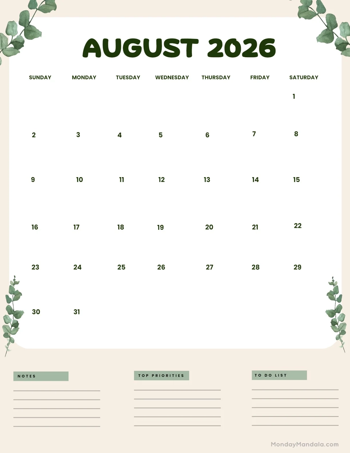 August 2026 Calendars 52 Free PDF Printables August 2026 Calendars 52 Free PDF Printables