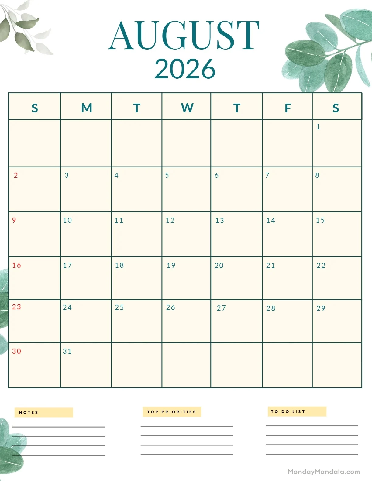 August 2026 Calendars 52 Free PDF Printables August 2026 Calendars 52 Free PDF Printables