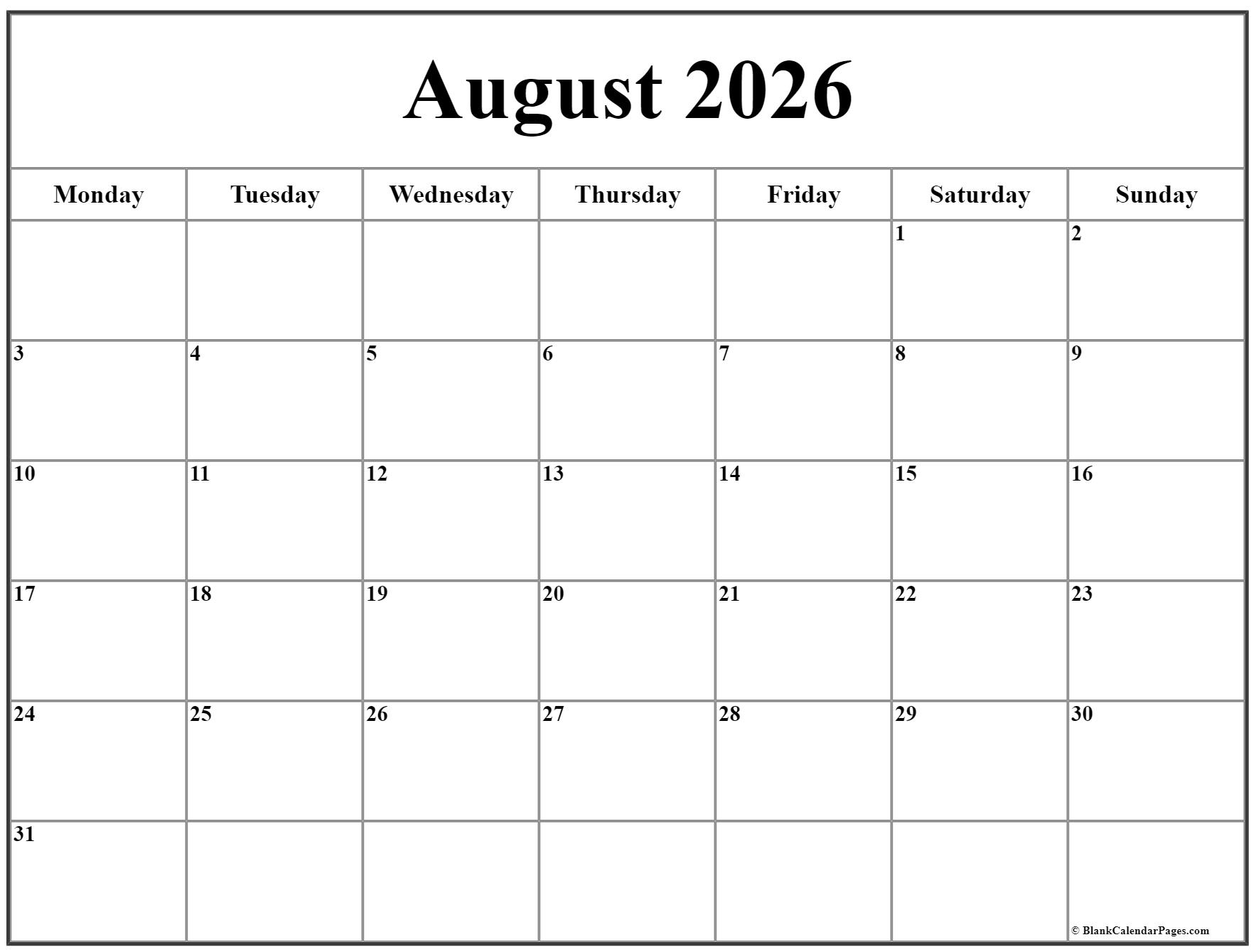 August 2026 Monday Calendar Monday To Sunday August 2026 Monday Calendar Monday To Sunday