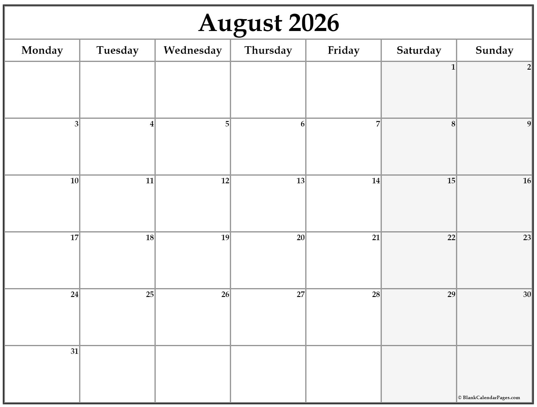 August 2026 Monday Calendar Monday To Sunday