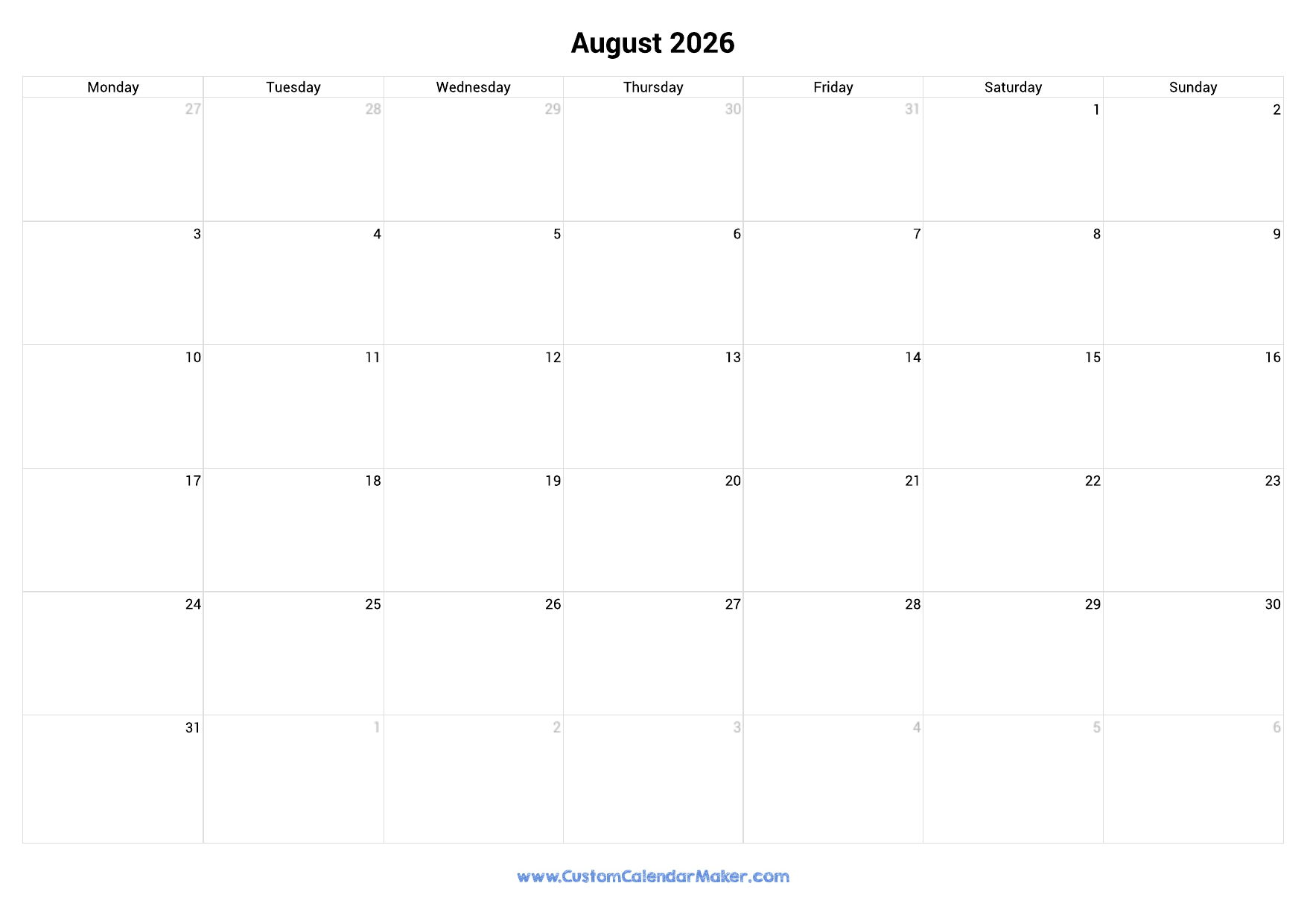 August 2026 Monday Start Calendar Monday To Sunday Custom Calendar Maker August 2026 Monday Start Calendar Monday To Sunday Custom Calendar Maker