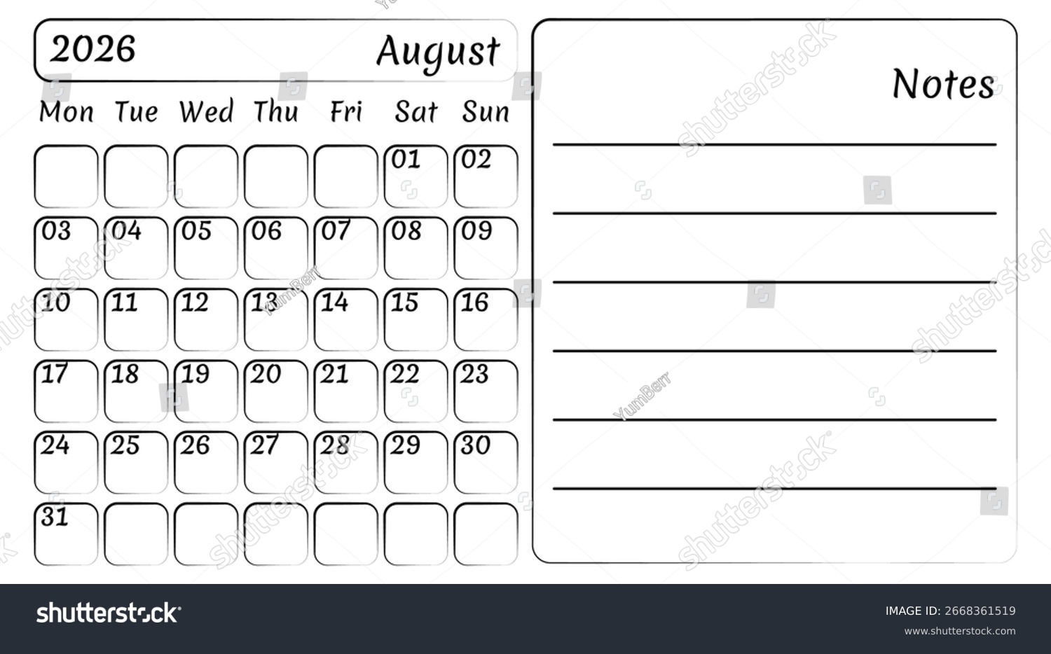 August 2026 Monthly Calendar Copy Space Stock Vector Royalty Free 2668361519 Shutterstock