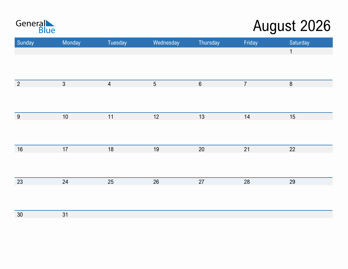 Blank Monthly Calendar Printable 2026 August Blank Monthly Calendar Printable 2026 August