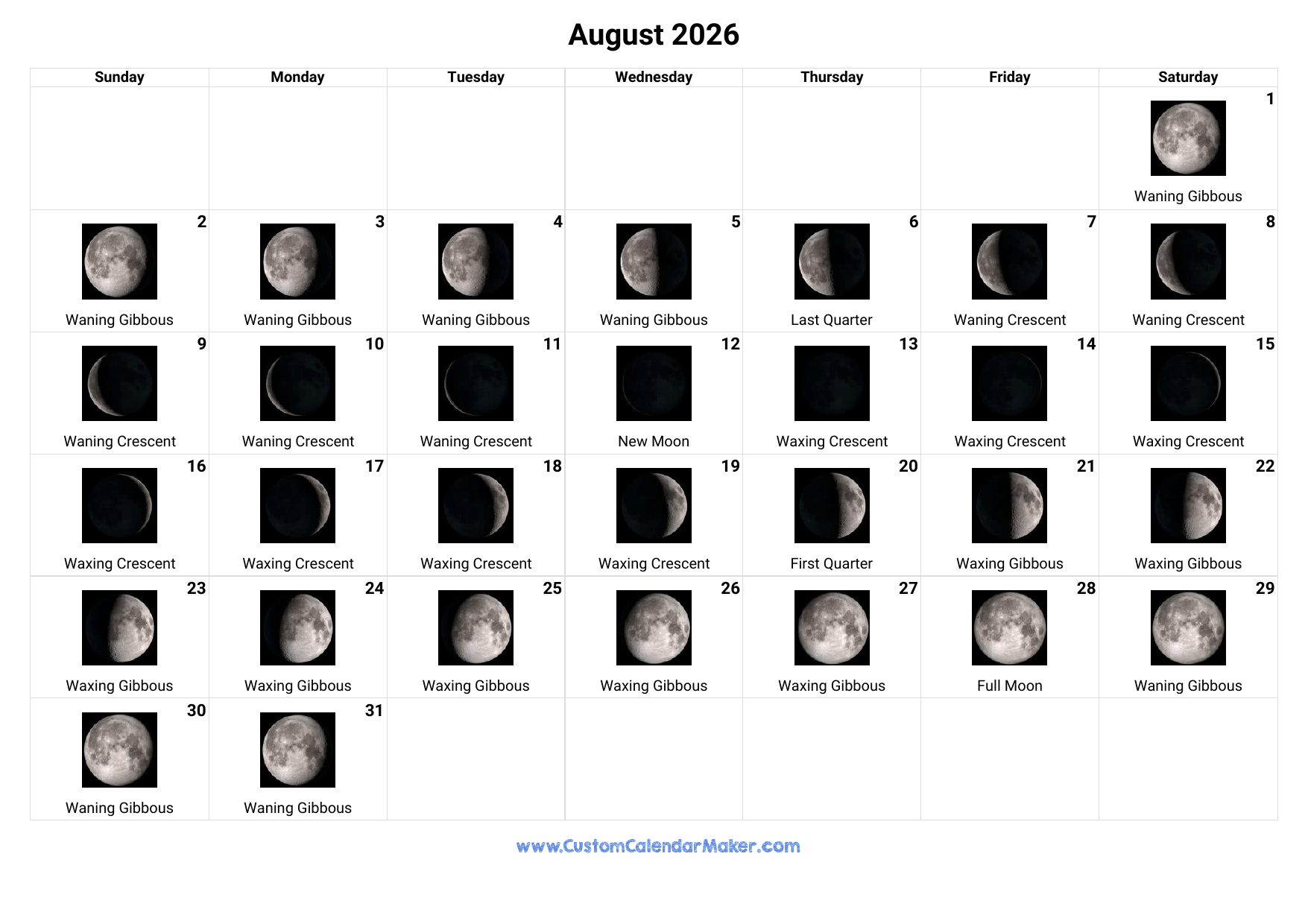 August 2026 Moon Phases Calendar Custom Calendar Maker August 2026 Moon Phases Calendar Custom Calendar Maker