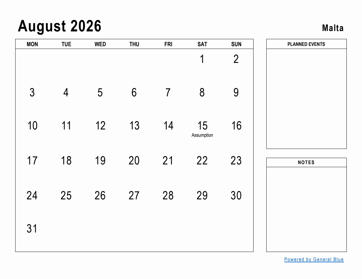 August 2026 Planner With Malta Holidays Monday Start August 2026 Planner With Malta Holidays Monday Start
