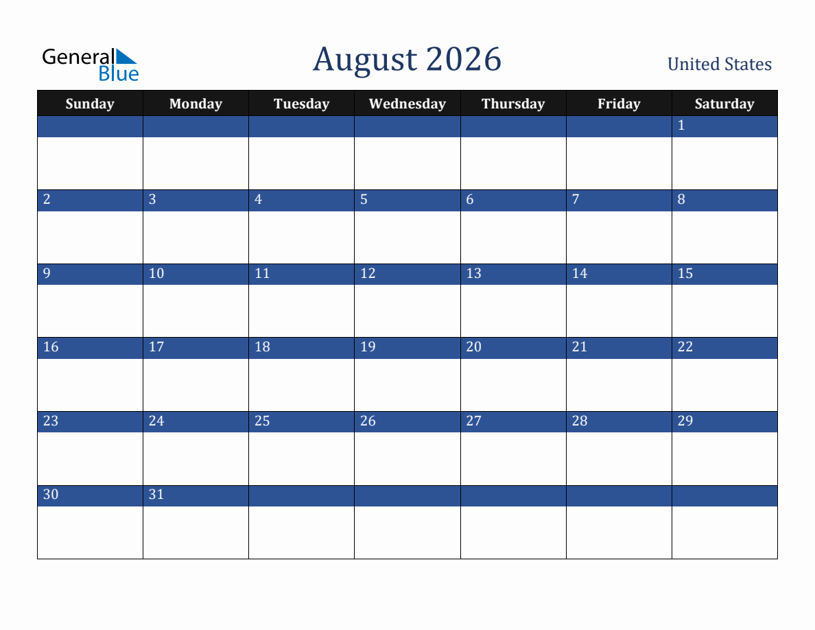 August 2026 United States Holiday Calendar