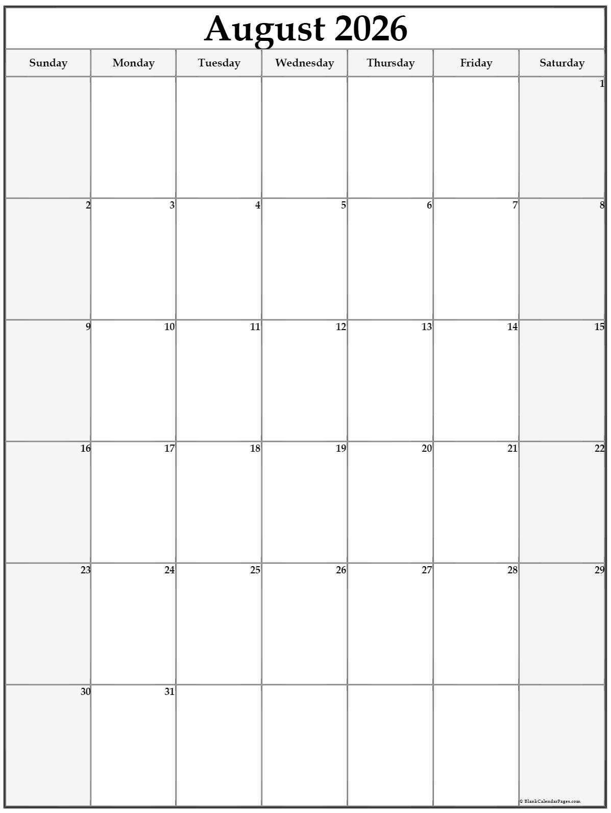 August 2026 Printable Calendar Blank