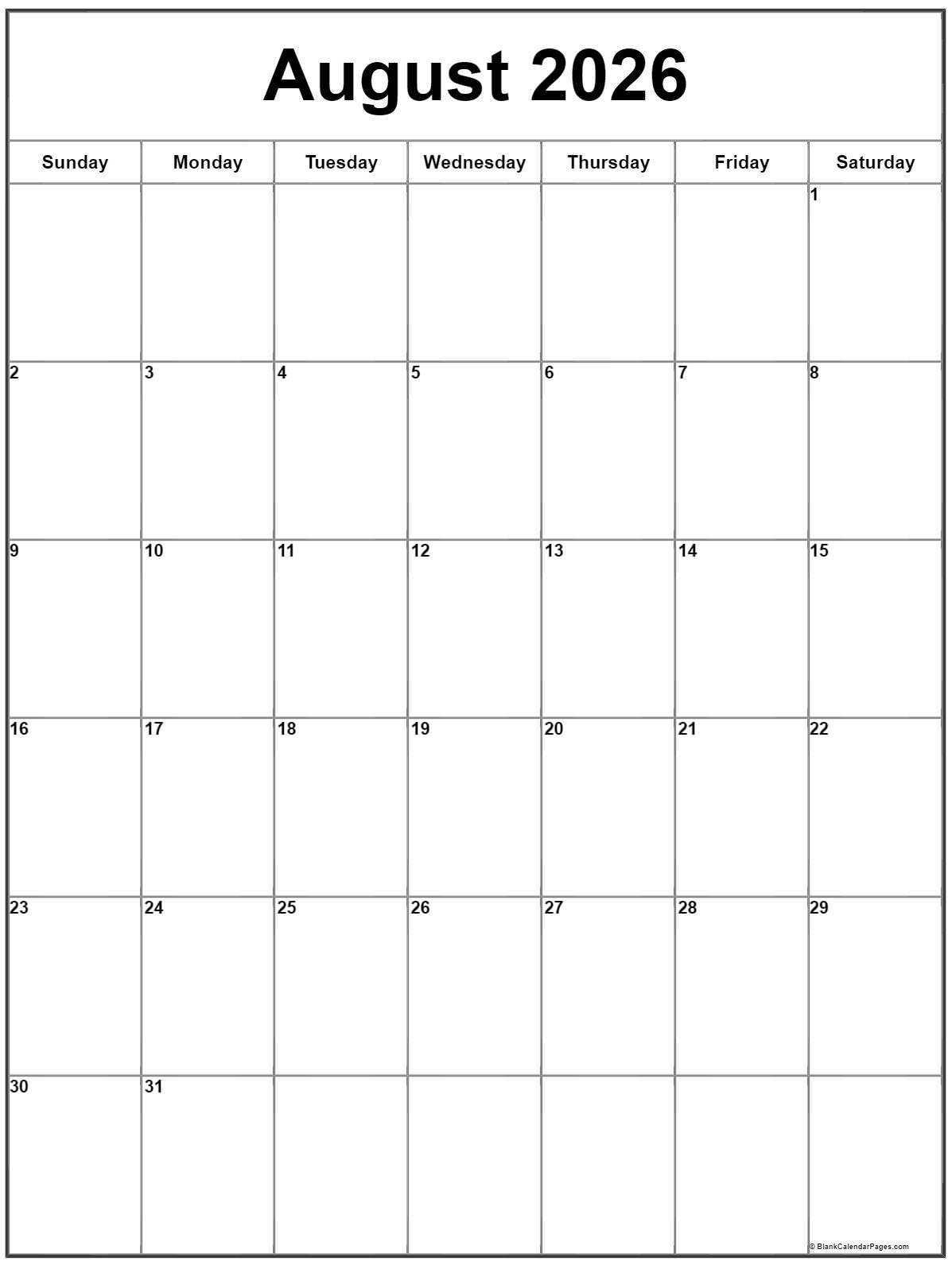 August 2026 Vertical Calendar Portrait August 2026 Vertical Calendar Portrait