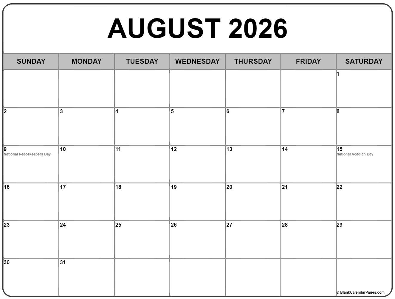 August 2026 Calendar Canada