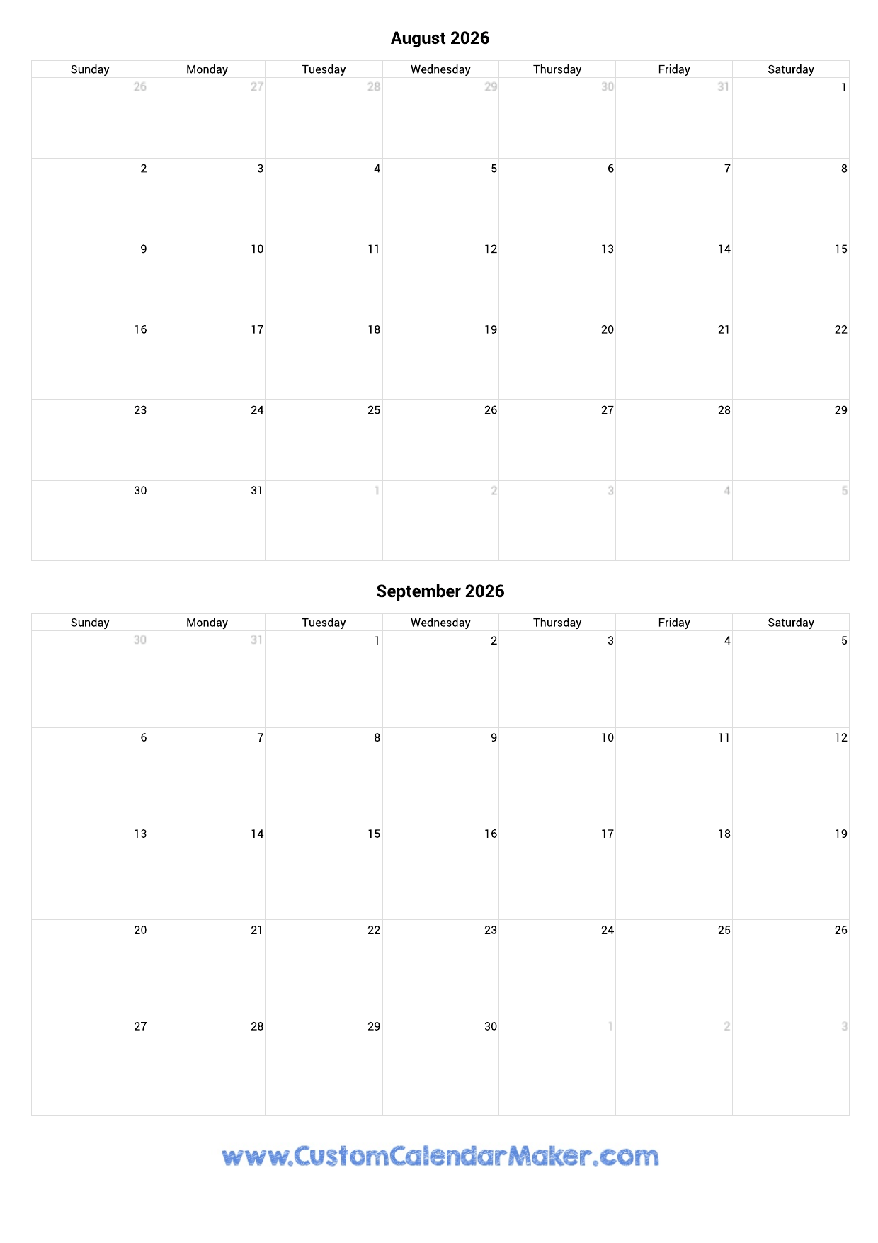 August And September 2026 Calendar Custom Calendar Maker August And September 2026 Calendar Custom Calendar Maker