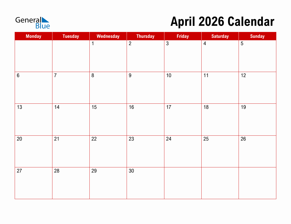 Basic Monthly Calendar April 2026