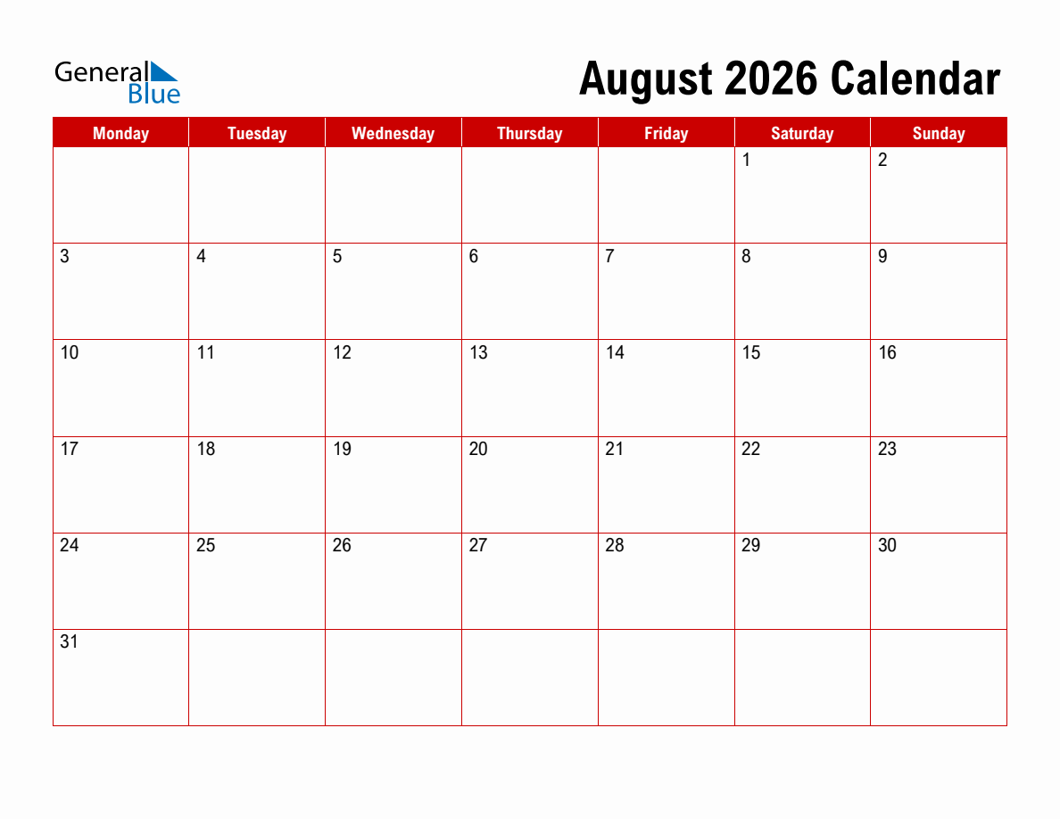 Basic Monthly Calendar August 2026 Monday Start Basic Monthly Calendar August 2026 Monday Start