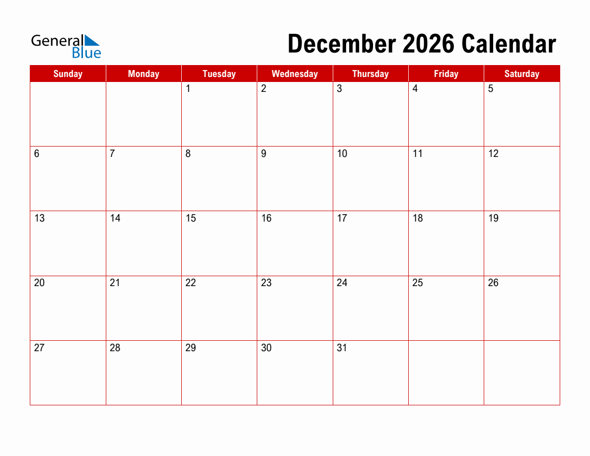 Basic Monthly Calendar December 2026 Basic Monthly Calendar December 2026