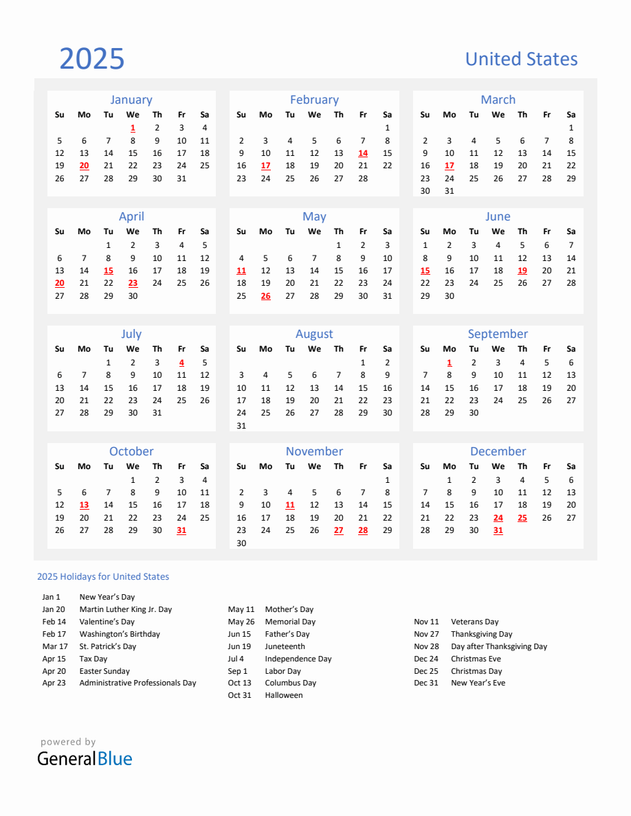 Basic Yearly Calendar With Holidays In United States For 2025 Basic Yearly Calendar With Holidays In United States For 2025