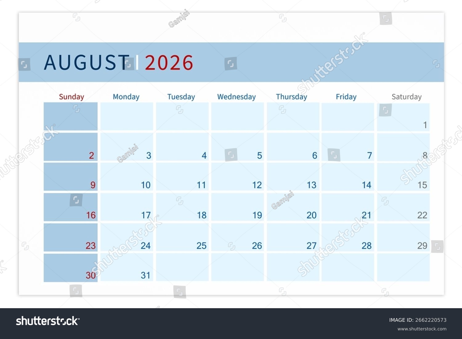 Blank Calendar Page August 2026 Year Stock Illustration 2662220573 Shutterstock