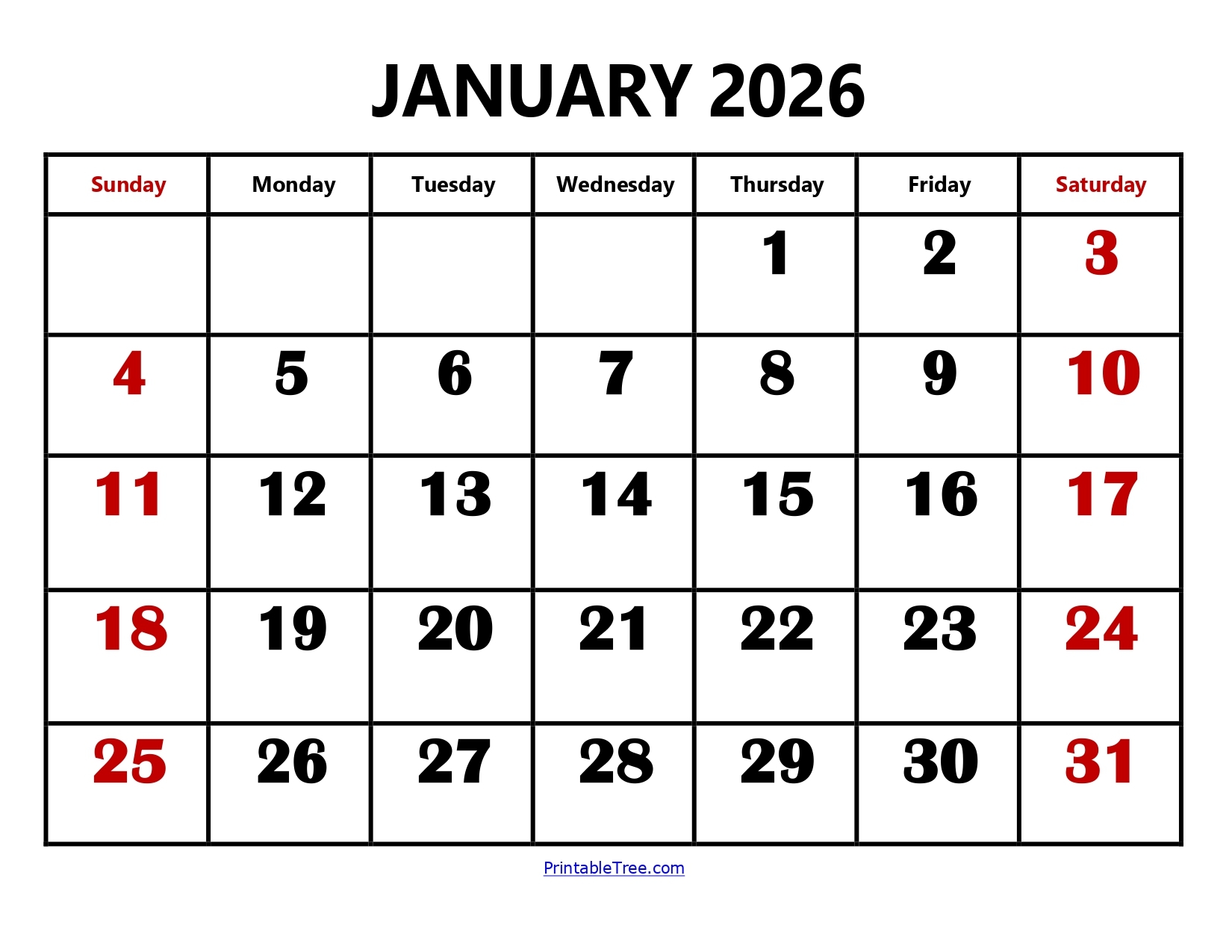 Blank Calendar January 2026