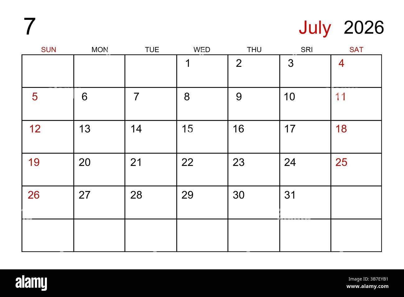 Blank July 2026 Calendar Free