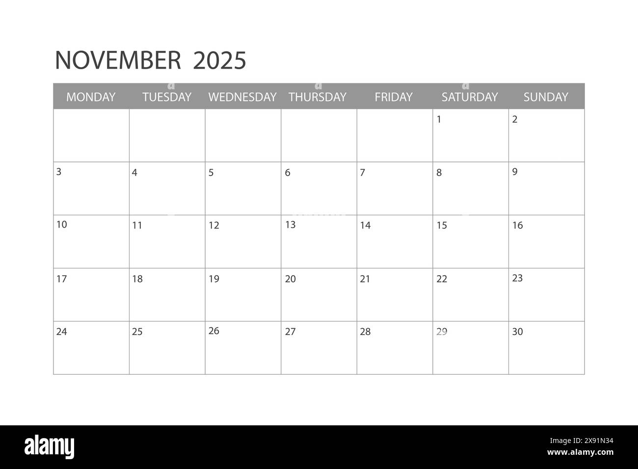 Calendar For November 2025 The Week Starts On Monday Stock Vector Image Art Alamy