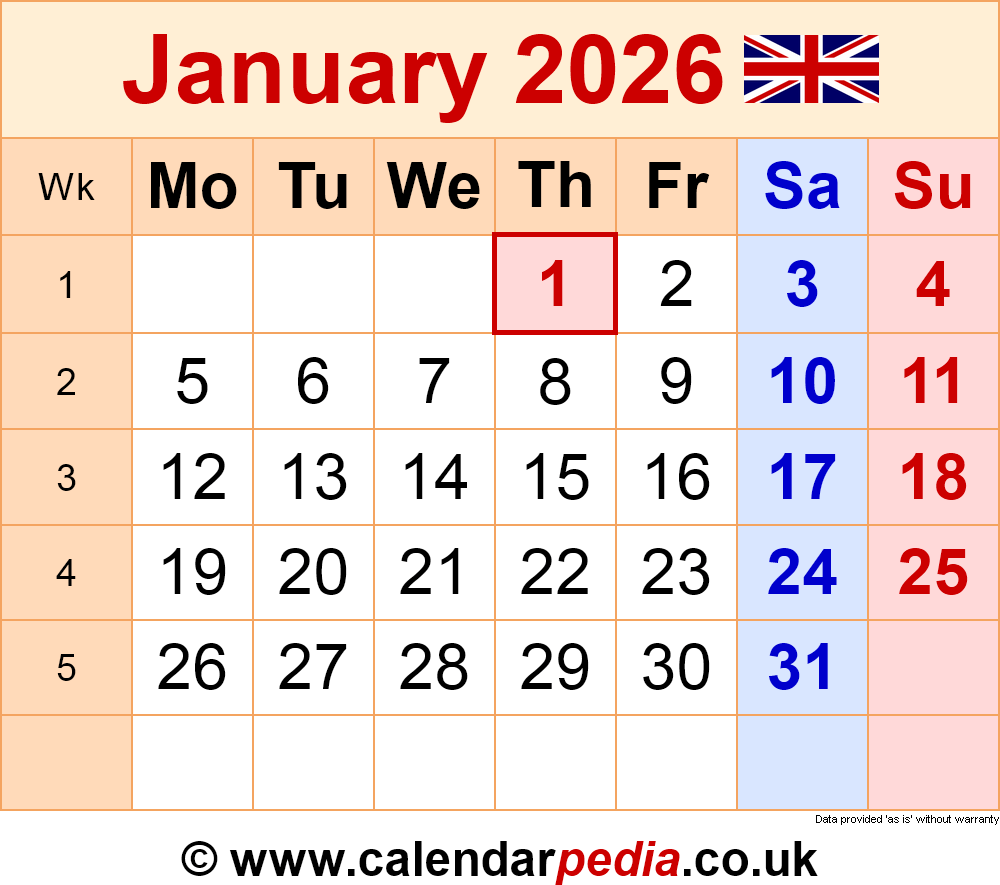 Calendar January 2026 UK With PDF Excel And Word Templates Calendar January 2026 UK With PDF Excel And Word Templates