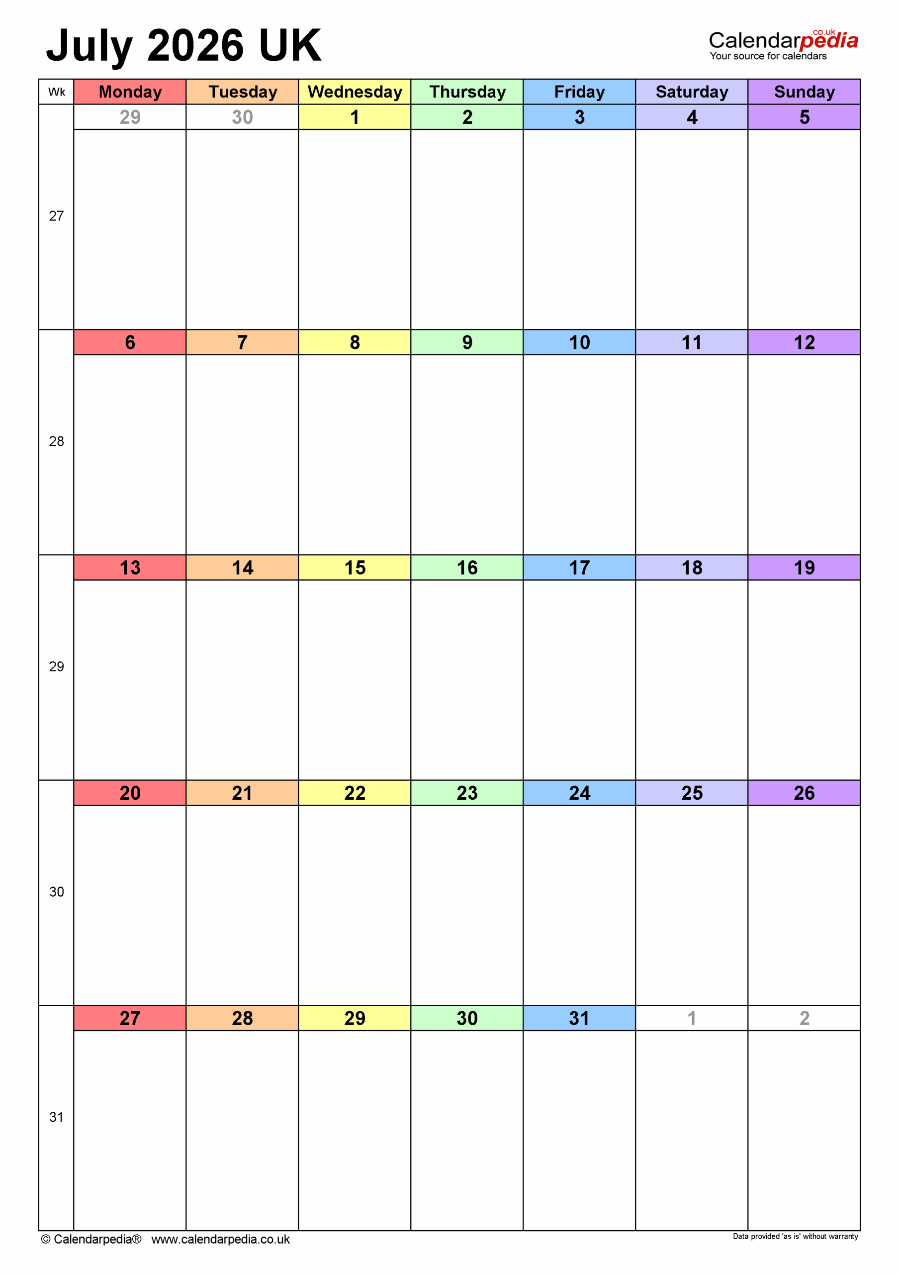 Blank July Calendar 2026 Portrait Blank July Calendar 2026 Portrait