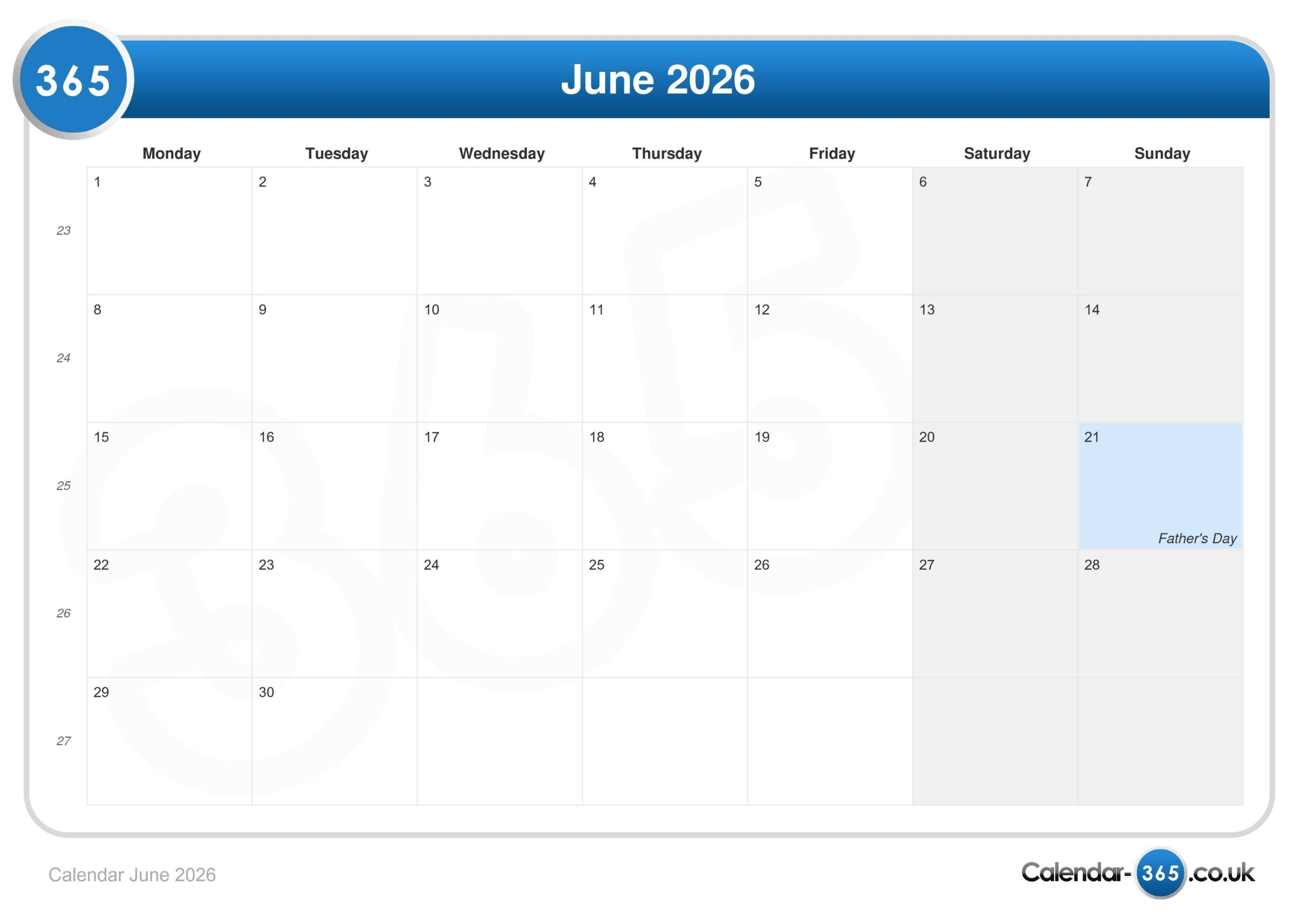 June 2026 Calendar Uk