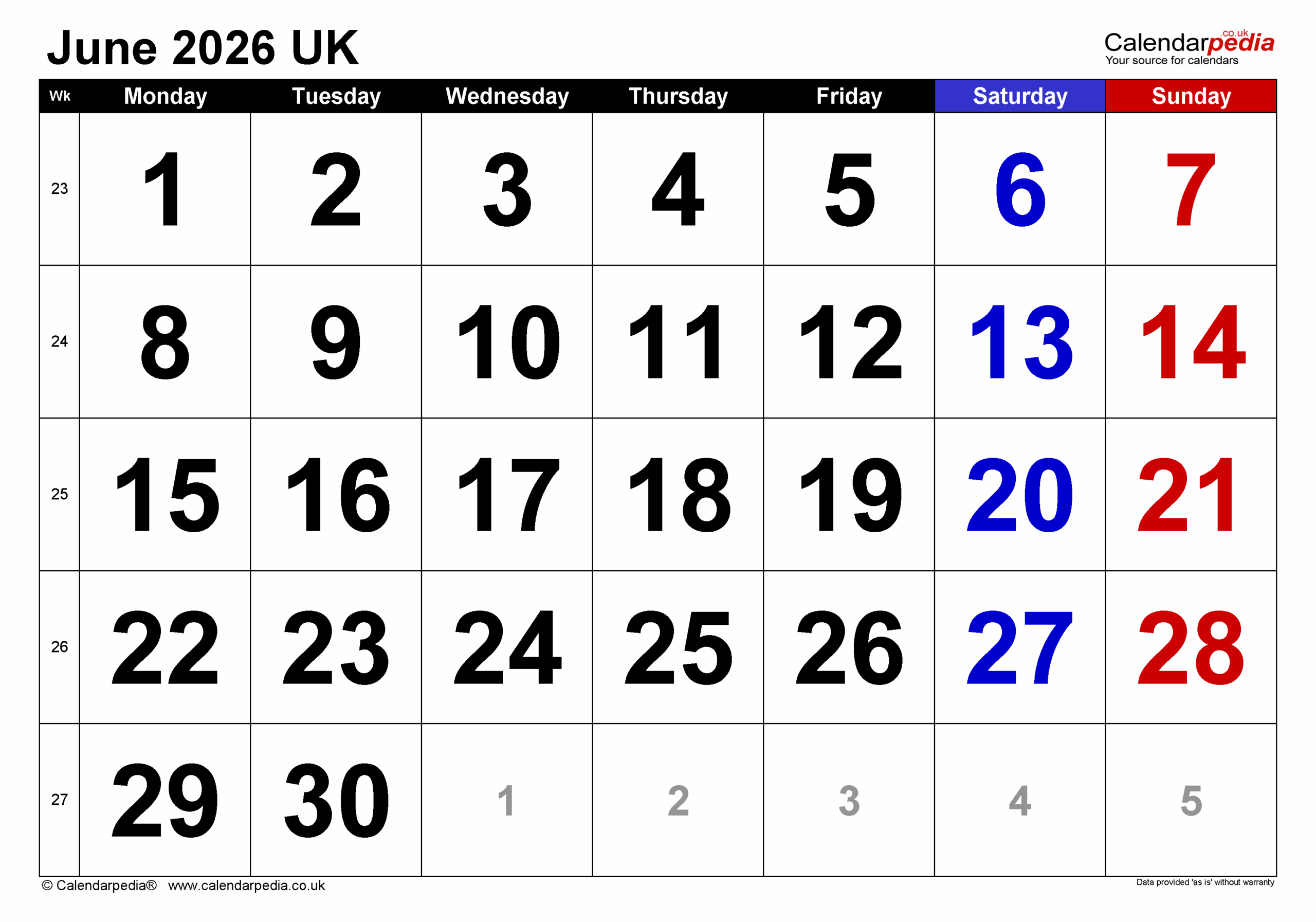 June 2026 Calendar Printable