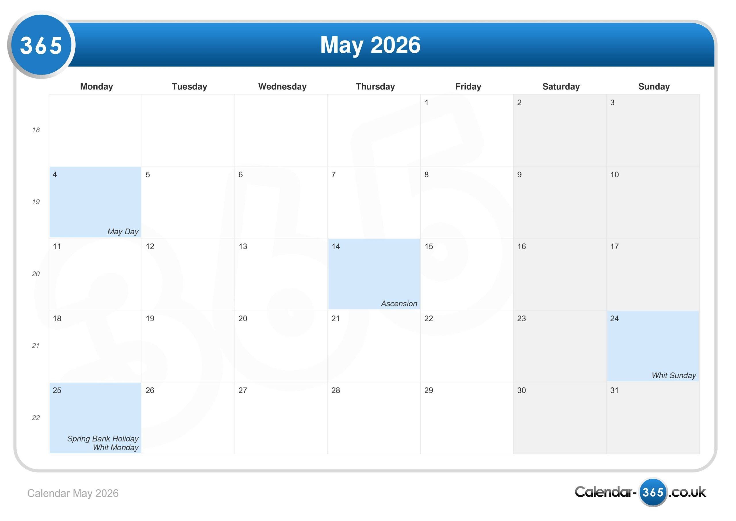 May 2026 Calendar Uk
