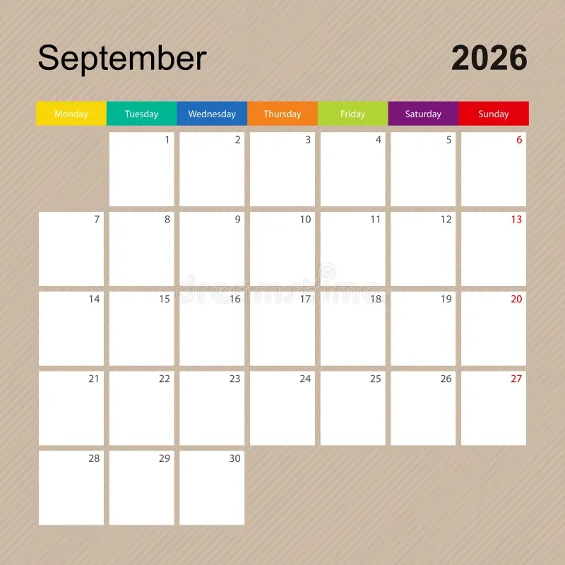 Calendar Page For September 2026 Wall Planner With Colorful Design Week Starts On Monday Stock Vector Illustration Of Personal Business 393315014